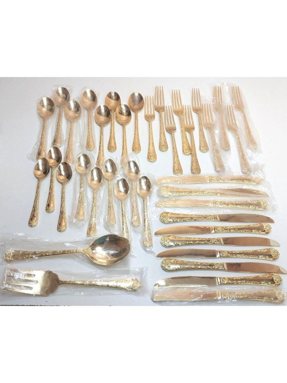 Golden Enchanted Rose Gold Tone Flatware Set UNMARKED 39 Pieces SOME SEALED